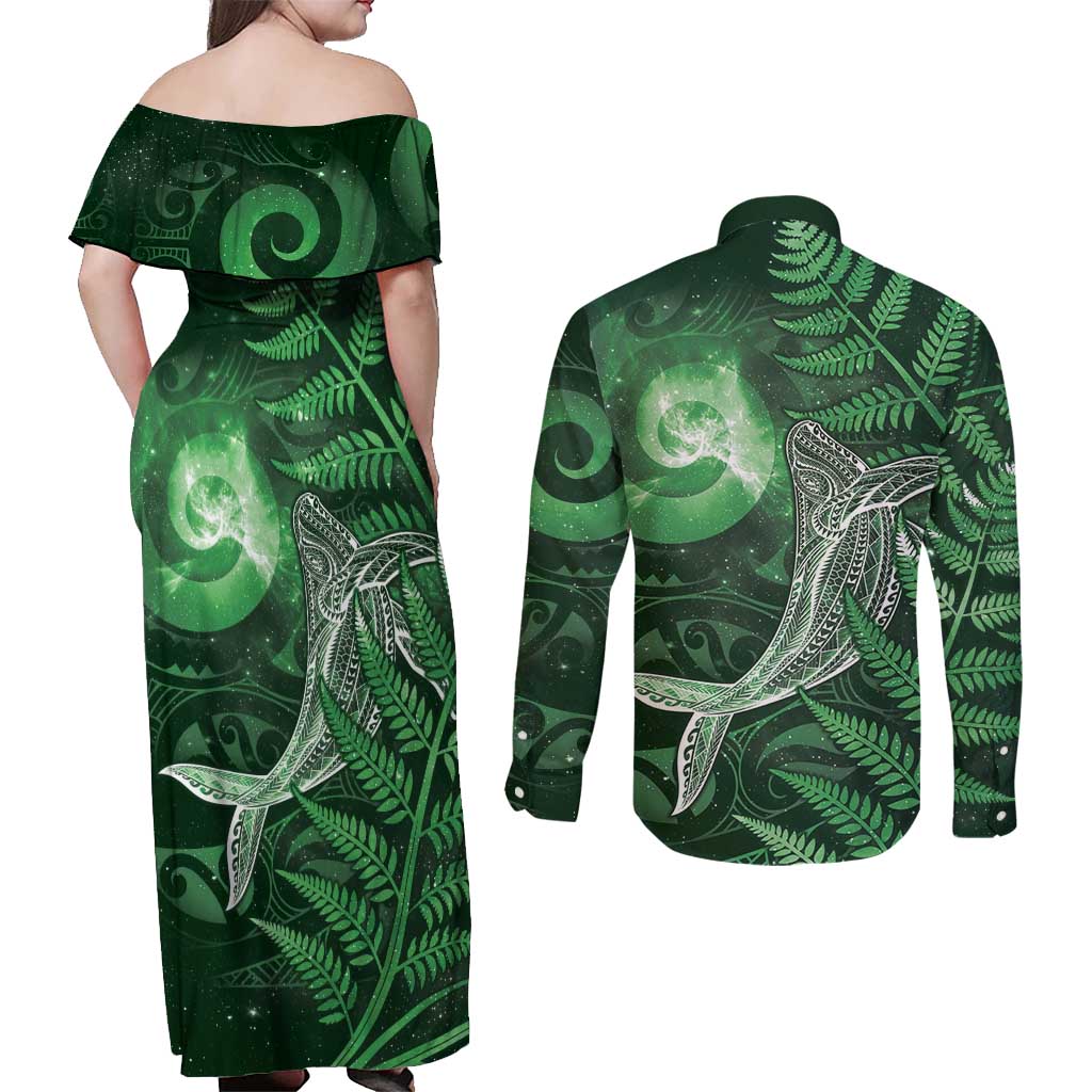 New Zealand Matariki Couples Matching Off Shoulder Maxi Dress and Long Sleeve Button Shirt Maori Koru With Humpback Whale Green
