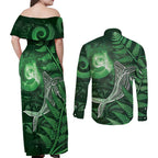 New Zealand Matariki Couples Matching Off Shoulder Maxi Dress and Long Sleeve Button Shirt Maori Koru With Humpback Whale Green