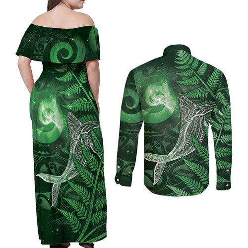 New Zealand Matariki Couples Matching Off Shoulder Maxi Dress and Long Sleeve Button Shirt Maori Koru With Humpback Whale Green