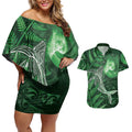 New Zealand Matariki Couples Matching Off Shoulder Short Dress and Hawaiian Shirt Maori Koru With Humpback Whale Green