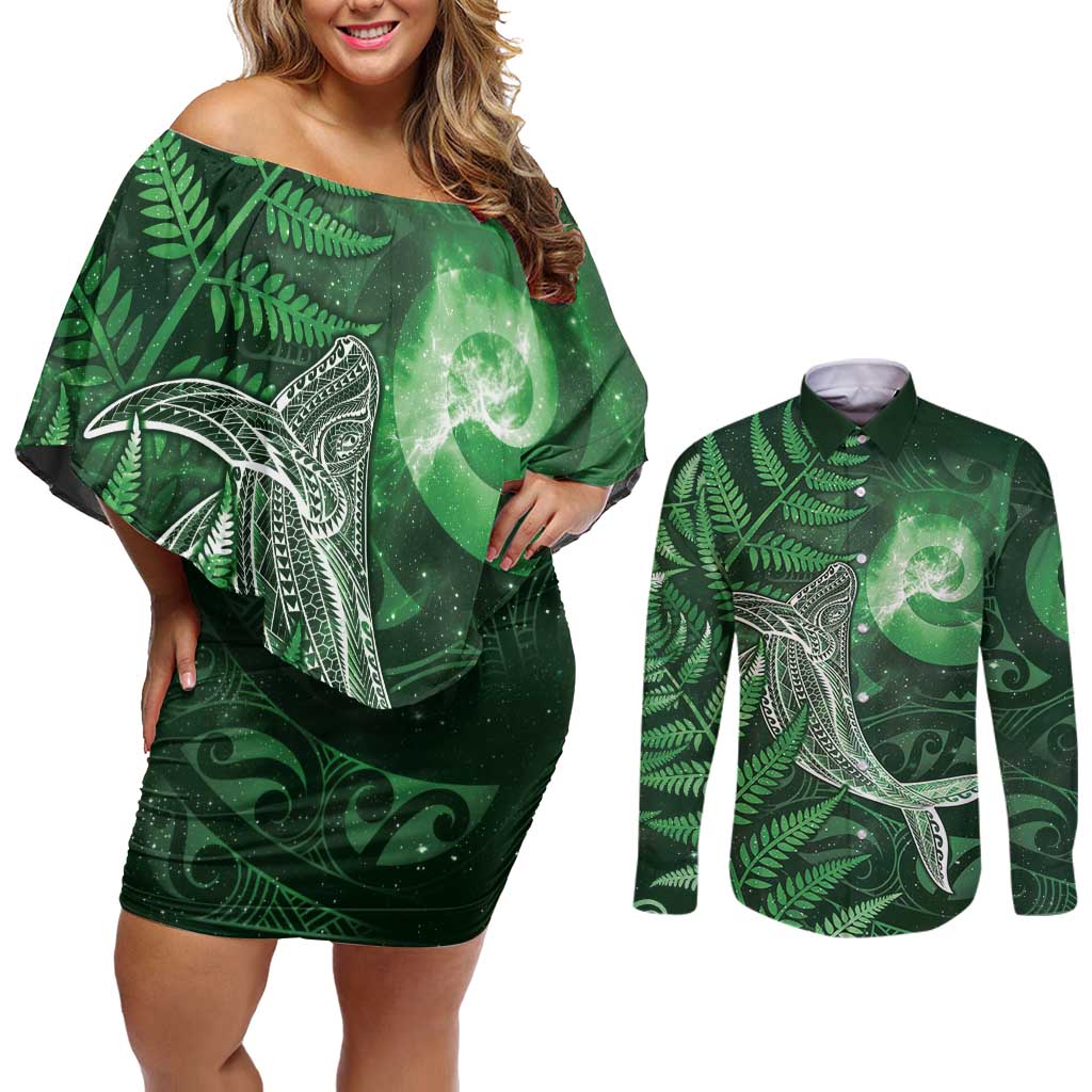 New Zealand Matariki Couples Matching Off Shoulder Short Dress and Long Sleeve Button Shirt Maori Koru With Humpback Whale Green