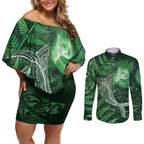 New Zealand Matariki Couples Matching Off Shoulder Short Dress and Long Sleeve Button Shirt Maori Koru With Humpback Whale Green