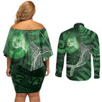 New Zealand Matariki Couples Matching Off Shoulder Short Dress and Long Sleeve Button Shirt Maori Koru With Humpback Whale Green