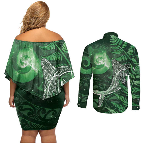 New Zealand Matariki Couples Matching Off Shoulder Short Dress and Long Sleeve Button Shirt Maori Koru With Humpback Whale Green