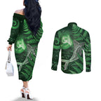 New Zealand Matariki Couples Matching Off The Shoulder Long Sleeve Dress and Long Sleeve Button Shirt Maori Koru With Humpback Whale Green