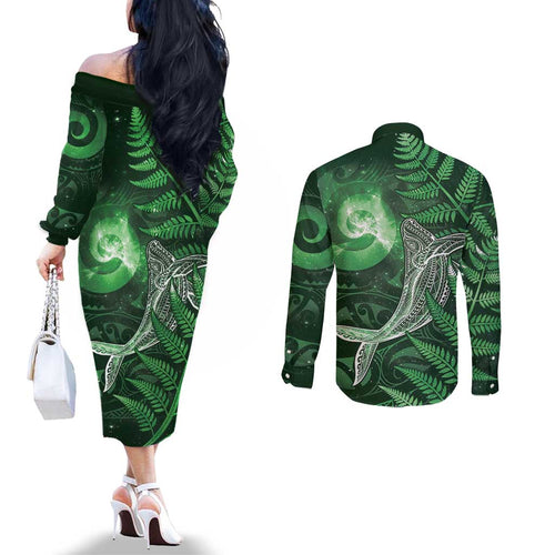 New Zealand Matariki Couples Matching Off The Shoulder Long Sleeve Dress and Long Sleeve Button Shirt Maori Koru With Humpback Whale Green