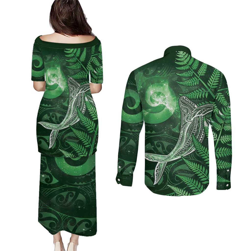 New Zealand Matariki Couples Matching Puletasi and Long Sleeve Button Shirt Maori Koru With Humpback Whale Green