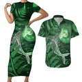 New Zealand Matariki Couples Matching Short Sleeve Bodycon Dress and Hawaiian Shirt Maori Koru With Humpback Whale Green