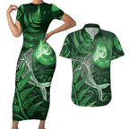 New Zealand Matariki Couples Matching Short Sleeve Bodycon Dress and Hawaiian Shirt Maori Koru With Humpback Whale Green