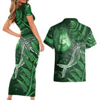 New Zealand Matariki Couples Matching Short Sleeve Bodycon Dress and Hawaiian Shirt Maori Koru With Humpback Whale Green