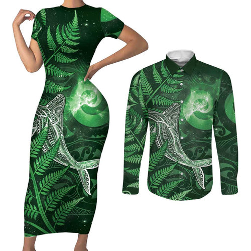 New Zealand Matariki Couples Matching Short Sleeve Bodycon Dress and Long Sleeve Button Shirt Maori Koru With Humpback Whale Green