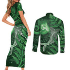 New Zealand Matariki Couples Matching Short Sleeve Bodycon Dress and Long Sleeve Button Shirt Maori Koru With Humpback Whale Green