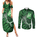 New Zealand Matariki Couples Matching Summer Maxi Dress and Long Sleeve Button Shirt Maori Koru With Humpback Whale Green