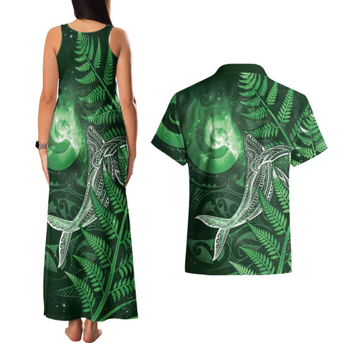 New Zealand Matariki Couples Matching Tank Maxi Dress and Hawaiian Shirt Maori Koru With Humpback Whale Green