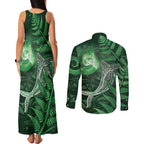 New Zealand Matariki Couples Matching Tank Maxi Dress and Long Sleeve Button Shirt Maori Koru With Humpback Whale Green