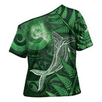 New Zealand Matariki Cross Shoulder Shirt Maori Koru With Humpback Whale Green