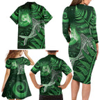 New Zealand Matariki Family Matching Long Sleeve Bodycon Dress and Hawaiian Shirt Maori Koru With Humpback Whale Green
