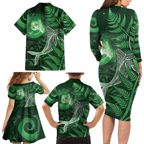 New Zealand Matariki Family Matching Long Sleeve Bodycon Dress and Hawaiian Shirt Maori Koru With Humpback Whale Green