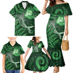 New Zealand Matariki Family Matching Mermaid Dress and Hawaiian Shirt Maori Koru With Humpback Whale Green