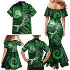 New Zealand Matariki Family Matching Mermaid Dress and Hawaiian Shirt Maori Koru With Humpback Whale Green
