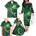 New Zealand Matariki Family Matching Off The Shoulder Long Sleeve Dress and Hawaiian Shirt Maori Koru With Humpback Whale Green