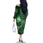 New Zealand Matariki Family Matching Off The Shoulder Long Sleeve Dress and Hawaiian Shirt Maori Koru With Humpback Whale Green
