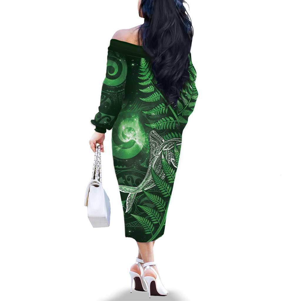 New Zealand Matariki Family Matching Off The Shoulder Long Sleeve Dress and Hawaiian Shirt Maori Koru With Humpback Whale Green