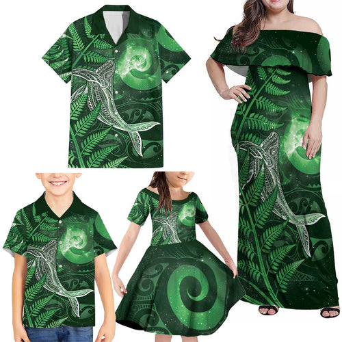 New Zealand Matariki Family Matching Off Shoulder Maxi Dress and Hawaiian Shirt Maori Koru With Humpback Whale Green