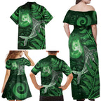 New Zealand Matariki Family Matching Off Shoulder Maxi Dress and Hawaiian Shirt Maori Koru With Humpback Whale Green
