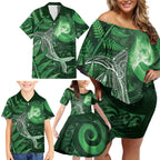 New Zealand Matariki Family Matching Off Shoulder Short Dress and Hawaiian Shirt Maori Koru With Humpback Whale Green