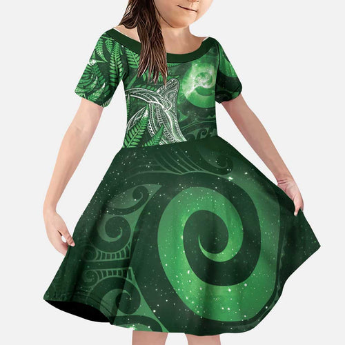New Zealand Matariki Family Matching Off Shoulder Short Dress and Hawaiian Shirt Maori Koru With Humpback Whale Green