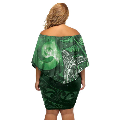 New Zealand Matariki Family Matching Off Shoulder Short Dress and Hawaiian Shirt Maori Koru With Humpback Whale Green