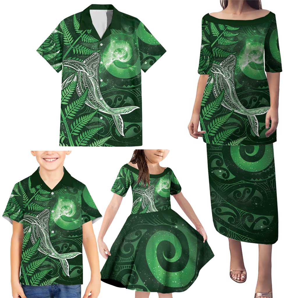 New Zealand Matariki Family Matching Puletasi and Hawaiian Shirt Maori Koru With Humpback Whale Green