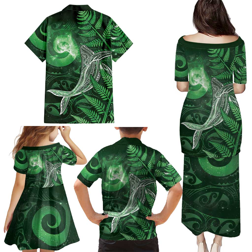 New Zealand Matariki Family Matching Puletasi and Hawaiian Shirt Maori Koru With Humpback Whale Green