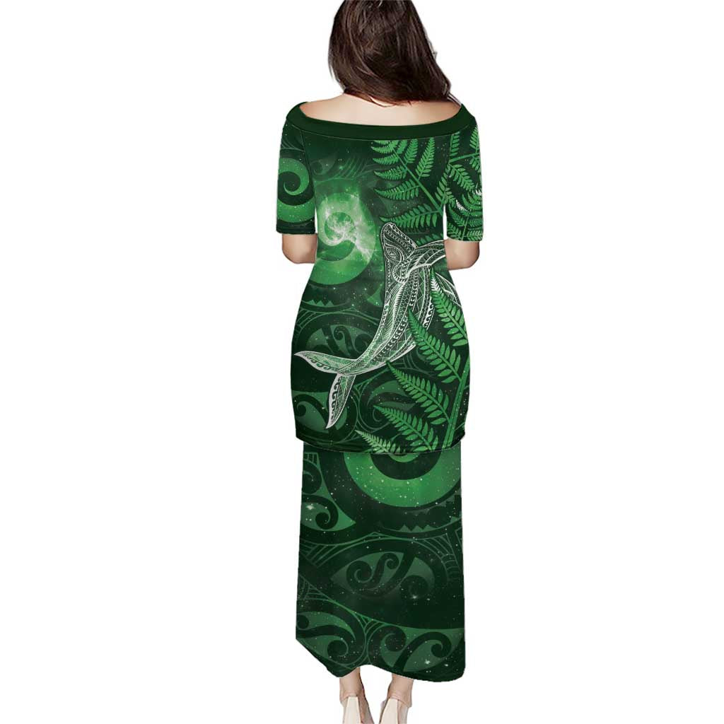 New Zealand Matariki Family Matching Puletasi and Hawaiian Shirt Maori Koru With Humpback Whale Green