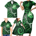 New Zealand Matariki Family Matching Short Sleeve Bodycon Dress and Hawaiian Shirt Maori Koru With Humpback Whale Green