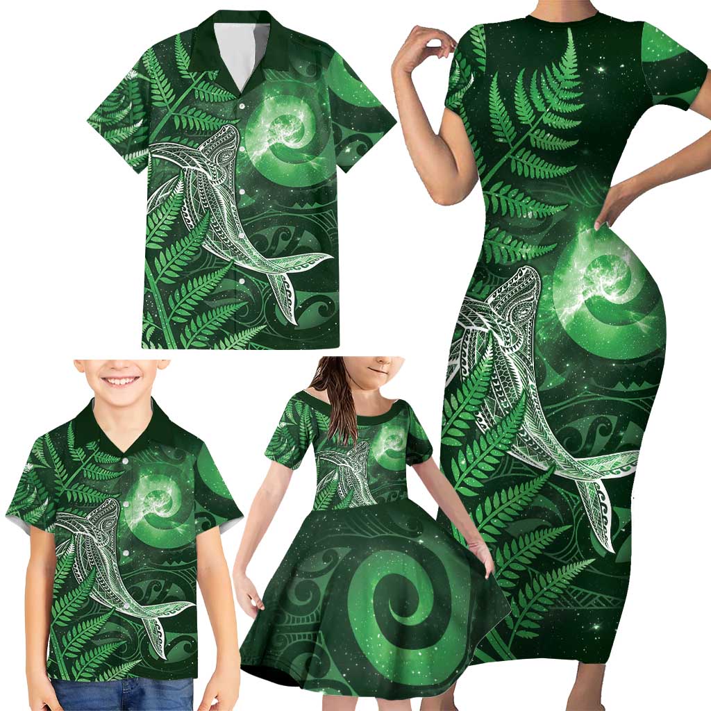New Zealand Matariki Family Matching Short Sleeve Bodycon Dress and Hawaiian Shirt Maori Koru With Humpback Whale Green