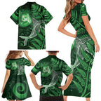 New Zealand Matariki Family Matching Short Sleeve Bodycon Dress and Hawaiian Shirt Maori Koru With Humpback Whale Green