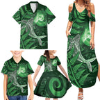 New Zealand Matariki Family Matching Summer Maxi Dress and Hawaiian Shirt Maori Koru With Humpback Whale Green