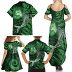 New Zealand Matariki Family Matching Summer Maxi Dress and Hawaiian Shirt Maori Koru With Humpback Whale Green