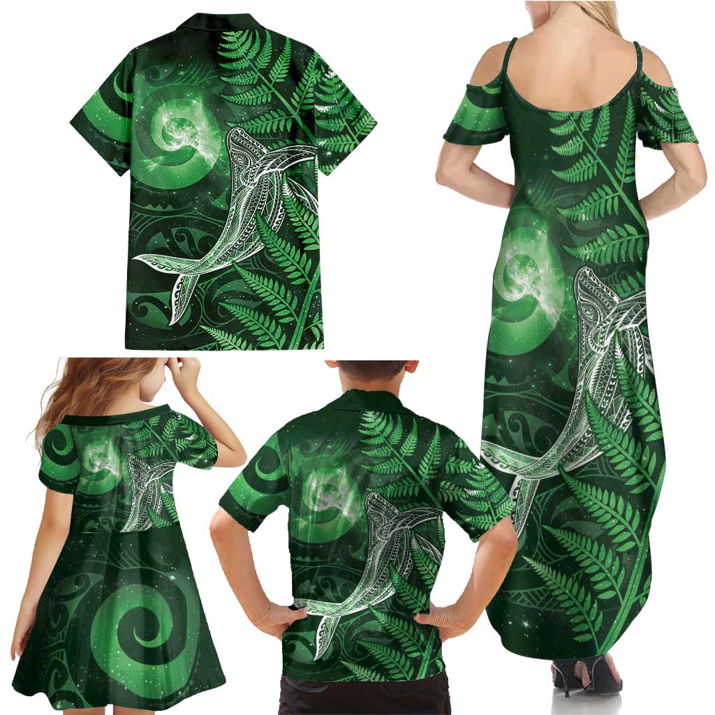 New Zealand Matariki Family Matching Summer Maxi Dress and Hawaiian Shirt Maori Koru With Humpback Whale Green