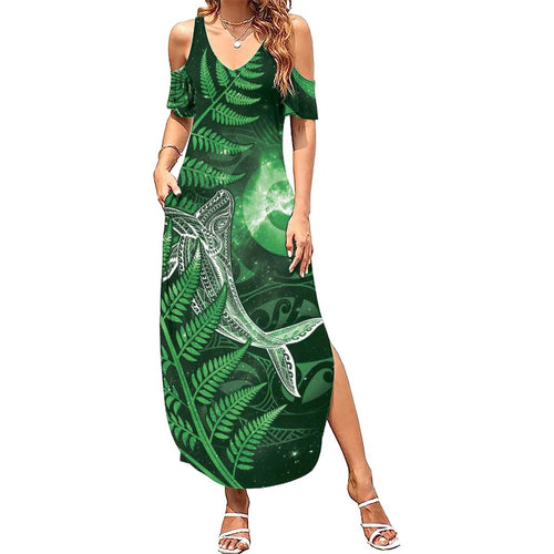 New Zealand Matariki Family Matching Summer Maxi Dress and Hawaiian Shirt Maori Koru With Humpback Whale Green