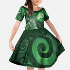 New Zealand Matariki Kid Short Sleeve Dress Maori Koru With Humpback Whale Green