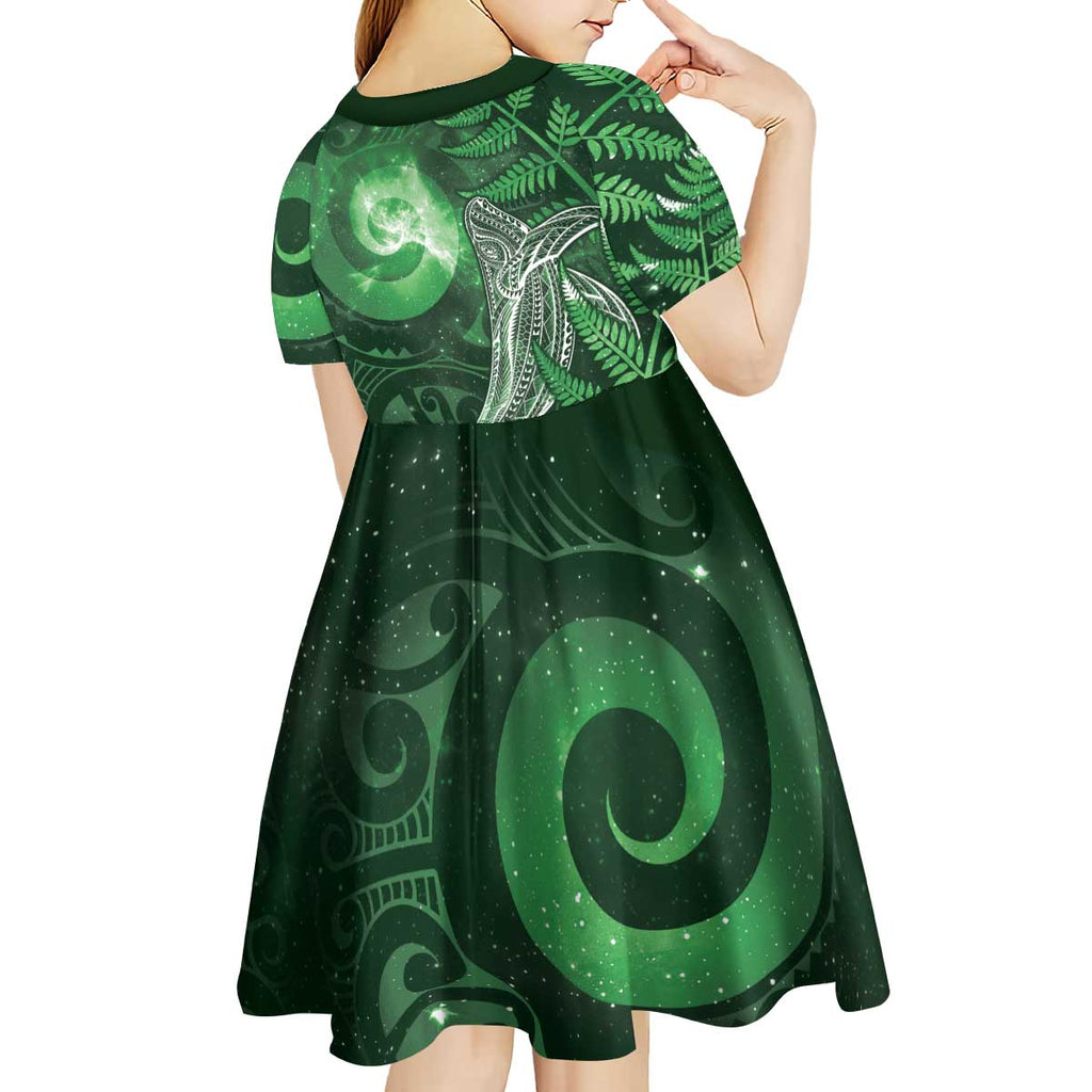 New Zealand Matariki Kid Short Sleeve Dress Maori Koru With Humpback Whale Green