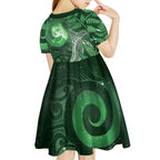 New Zealand Matariki Kid Short Sleeve Dress Maori Koru With Humpback Whale Green
