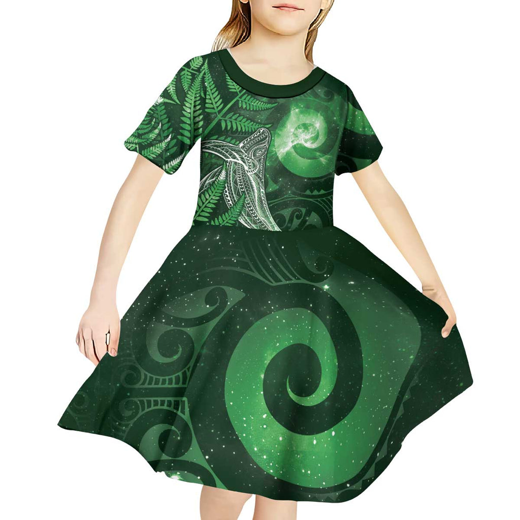New Zealand Matariki Kid Short Sleeve Dress Maori Koru With Humpback Whale Green