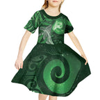 New Zealand Matariki Kid Short Sleeve Dress Maori Koru With Humpback Whale Green