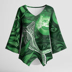 New Zealand Matariki Kimono Sleeve Blouse Maori Koru With Humpback Whale Green