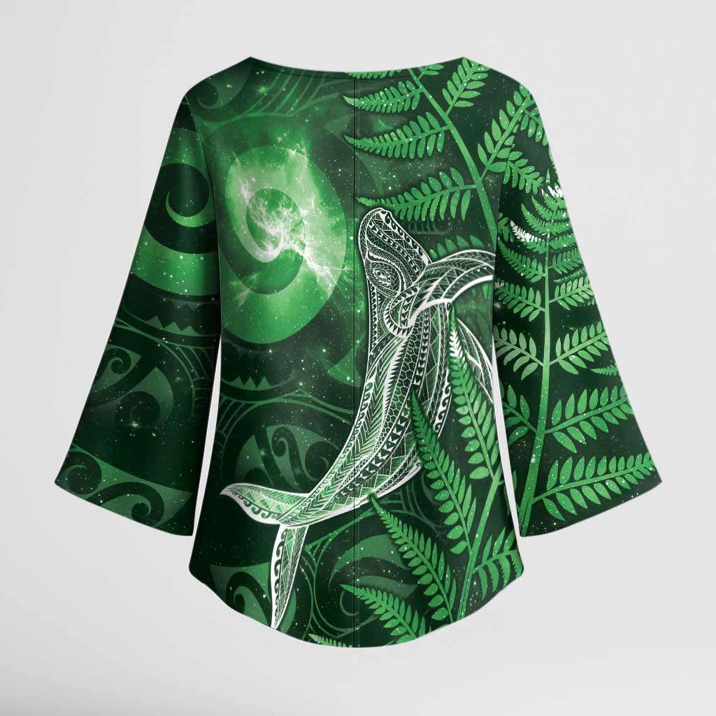 New Zealand Matariki Kimono Sleeve Blouse Maori Koru With Humpback Whale Green