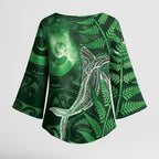 New Zealand Matariki Kimono Sleeve Blouse Maori Koru With Humpback Whale Green
